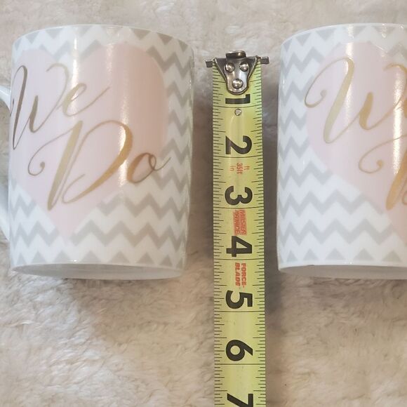 "We Do" Mugs (Set of 2) - White & Gray Chevron-Stripe with Pink Hearts - Picture 2 of 6